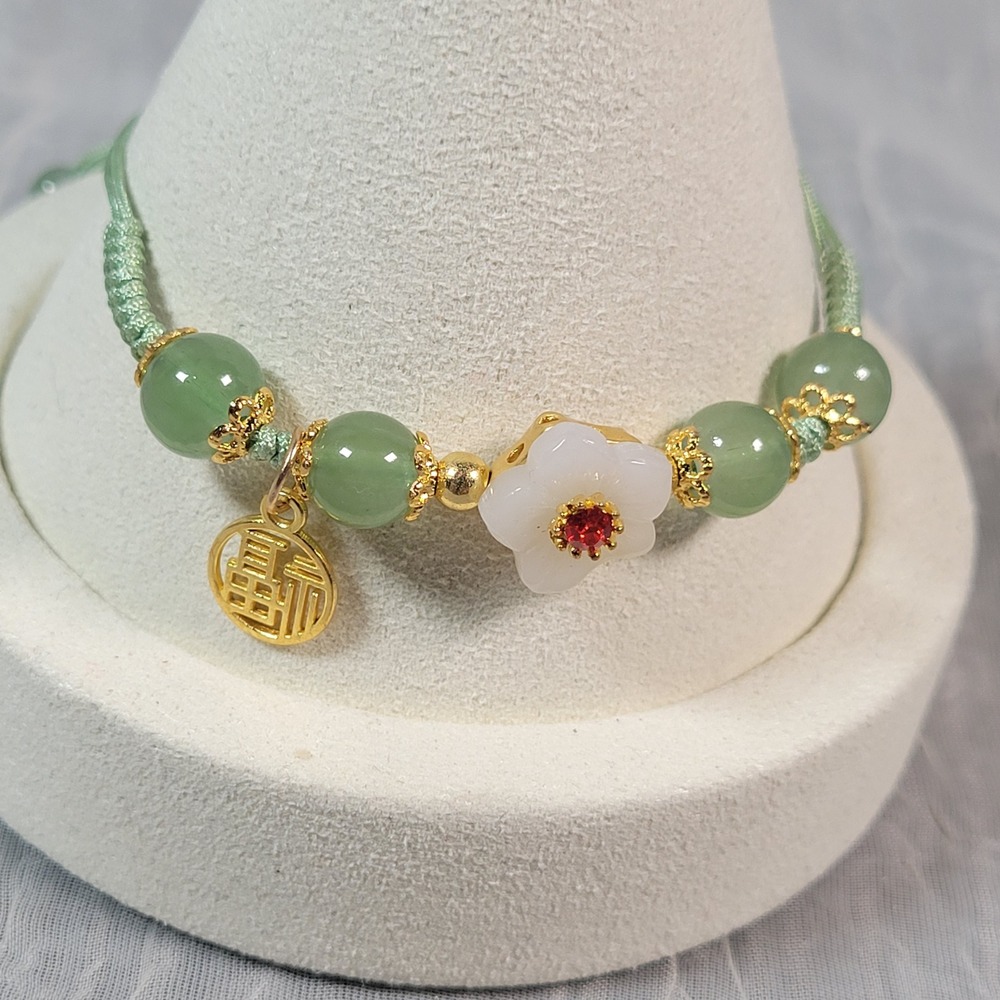 Faux Jade Slider Bracelet Green White Flower Charm Gold Tone Adjustable